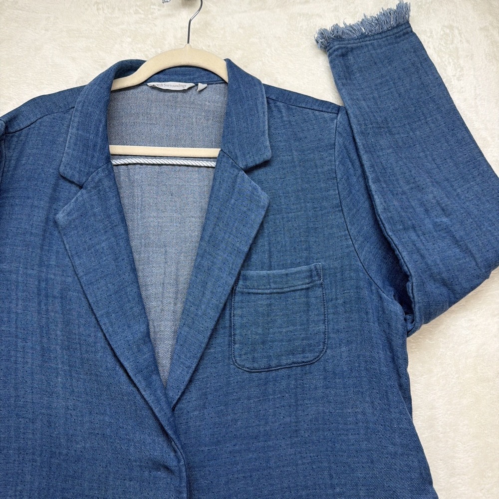 Soft Surroundings Chambray Longline Jacket Women's L Blue Frayed Hem Boho